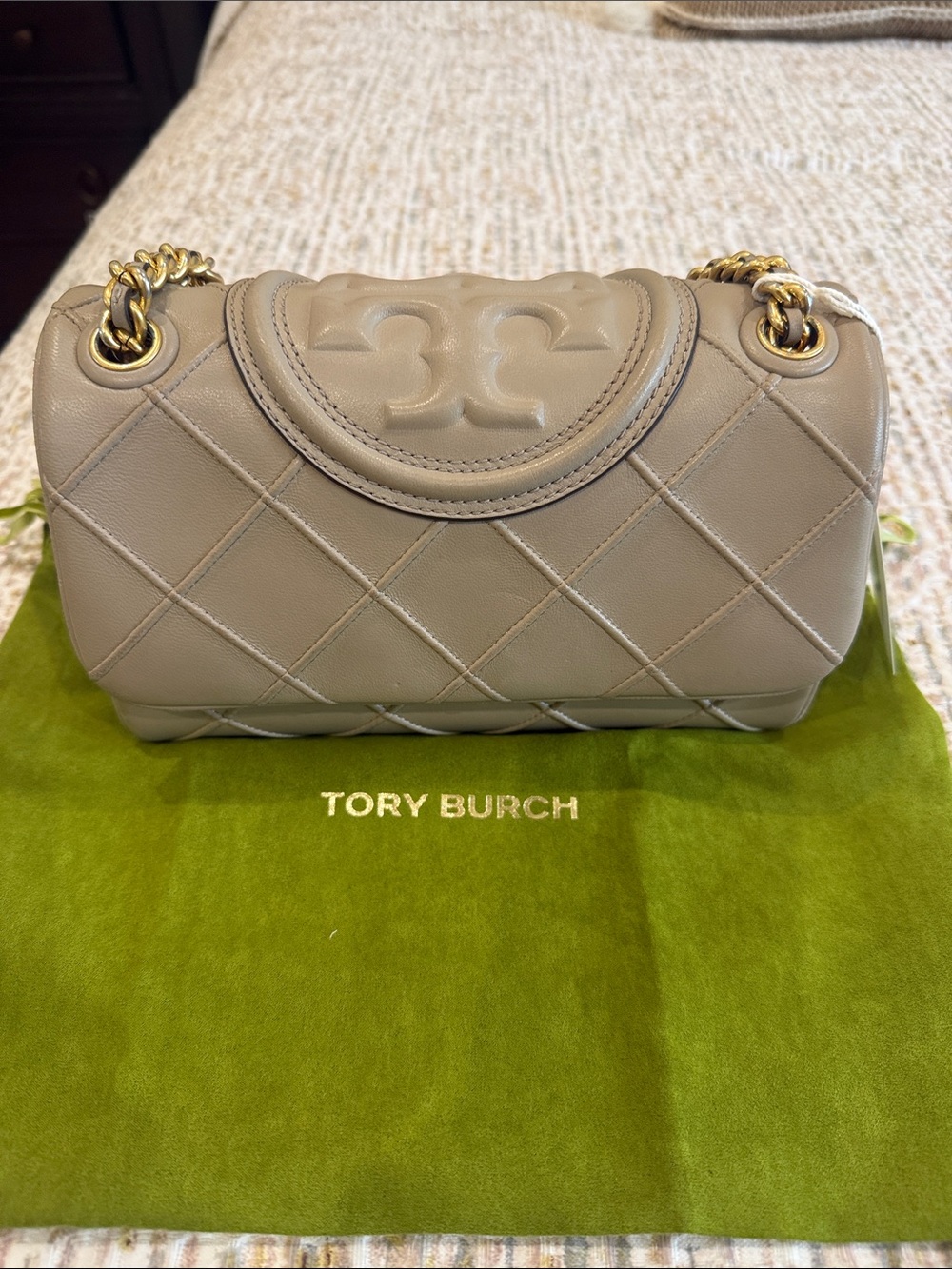 Tory Burch Fleming Quilted Leather Shoulder Bag in Fresh Clay with Gold Hardware